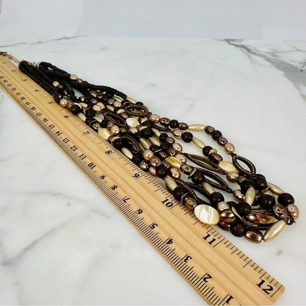 Coldwater Creek Layered Beaded Necklace Brown and Mother of Pearl Adjustable
